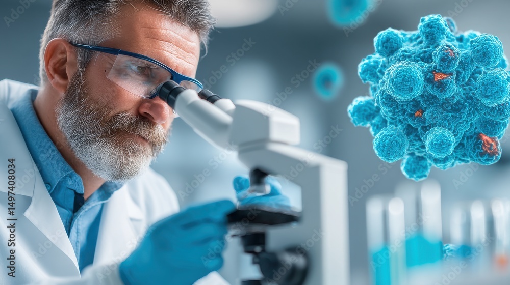 Poster a scientist examines cells through a microscope in a laboratory, highlighting advanced biological re
