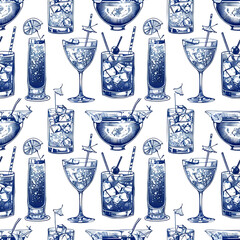 Seamless Pattern of Hand-Drawn Blue Cocktail Drinks in Vintage Engraving Style

