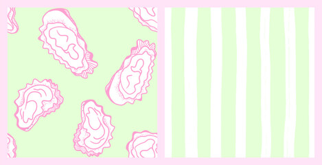 La dolce vita themed seamless pattern set. Pink Hand drawn Oyster on green background and White-green stripes print. Vintage vector inspired by Summer Italian aesthetic.