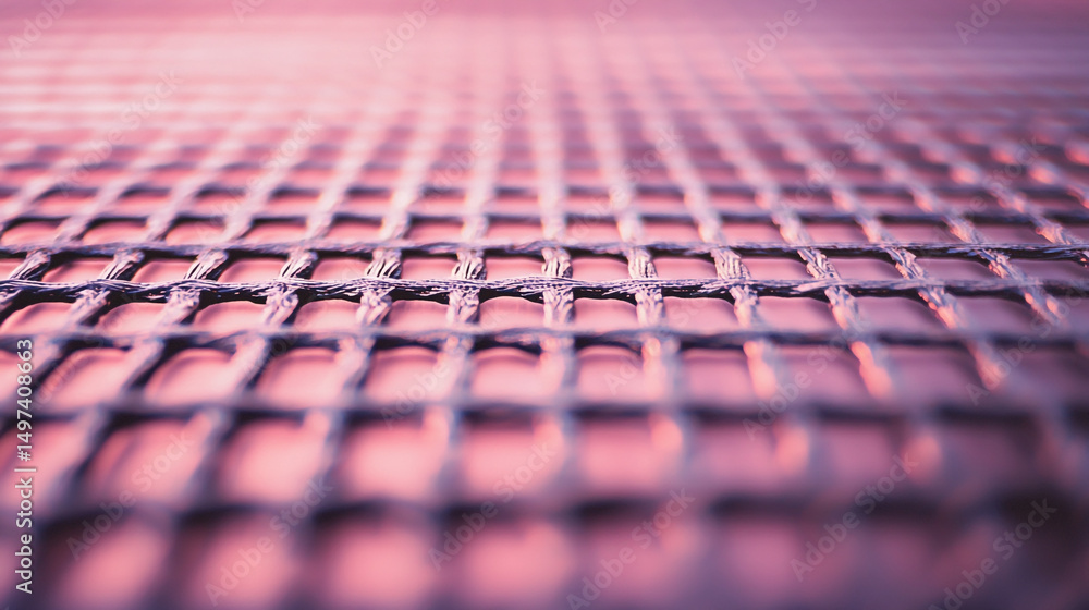 Poster close-up of a metal mesh texture with a pink gradient background, soft focus, and shallow depth of f