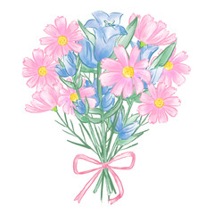 Bouquet of cosmos and gentian flowers, gentle hand-drawn watercolor illustration, autumn, Respect for the Aged Day / コスモスとりんどうの花束、優しい手描き水彩イラスト、秋、敬老の日