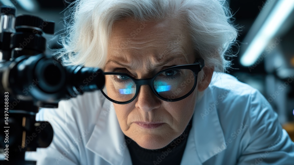 Poster scientist observing through a microscope in a laboratory during a research session