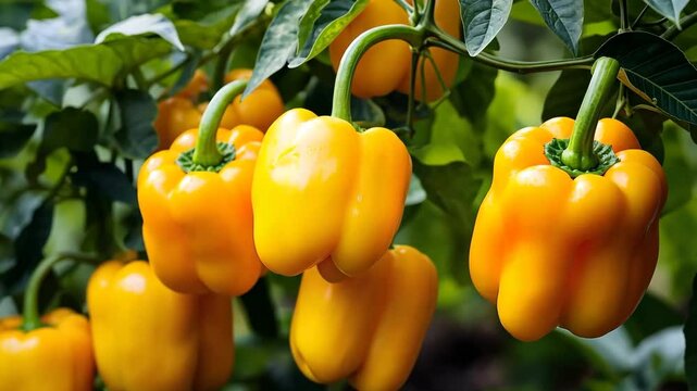 Yellow bell peppers growing on plant in greenhouse