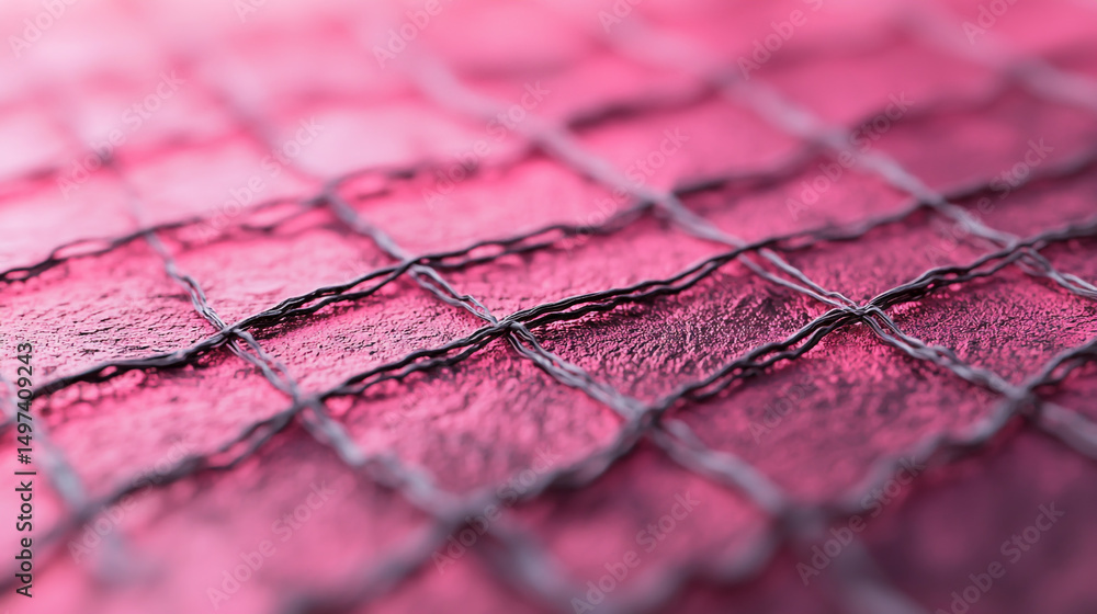 Poster close-up of a metal mesh texture with a pink gradient background, soft focus, and shallow depth of f