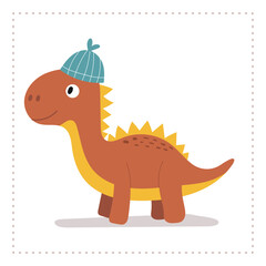 Funny orange dinosaur with yellow spots and a beanie. Great for child-friendly illustrations and creative kids content