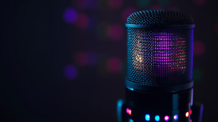 Close-up of a microphone on a black background with colorful lights, a stock photo in a raw style.