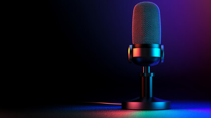 Close-up of a microphone on a black background with colorful lights, a stock photo in a raw style.