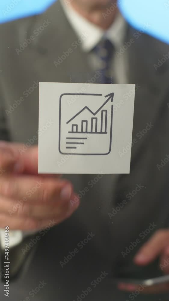 Poster businessman using a mobile phone and applying a post it note to a transparent board, symbolizing rev