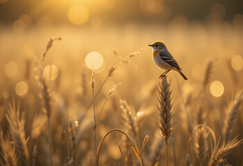 Peaceful Bird in Wheat Field at Sunset Light