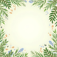 Elegant botanical frame illustration featuring lush green leaves delicate blue wildflowers and scattered textures encircling a light background for text