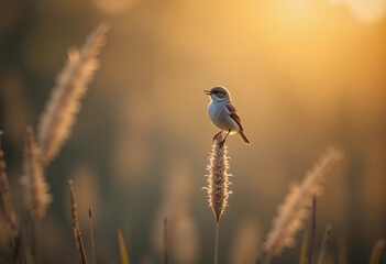 Beautiful Bird on Wheat Stalk with Soft Golden Light