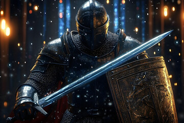 In a creative cybersecurity concept, a medieval knight in armor, holding a sword and shield, steps out of a virtual screen