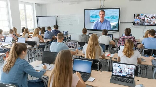 Students in modern classroom using laptops during online video lesson with teacher on large screen - Powered by Adobe