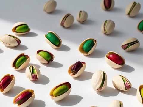 Pistachio Nuts Variety, Featuring Green, Red and Purple Kernels on a White Background.