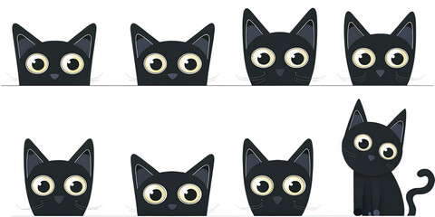 Eight cute black cats peeking isolated on a white background