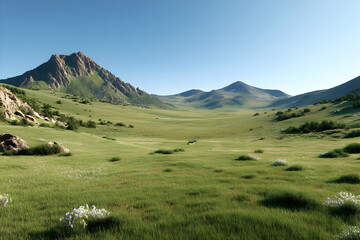 Expansive mountain landscape, lush green meadows under clear blue sky, perfect for nature and outdoor exploration themes.