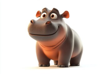 Naklejka premium Happy cartoon hippo standing center stage with a friendly expression under soft lighting in a minimalist background