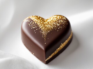 Heart Shaped Chocolate Candy with Gold Glitter on White Fabric Background.