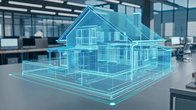 Blue house is shown in a computer-generated image. The house is designed to look like a modern home with a lot of windows and a large porch. The image is meant to convey a sense of warmth