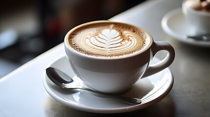 Leaf-Shaped Latte Art in White Cup on Caf&eacute; Table