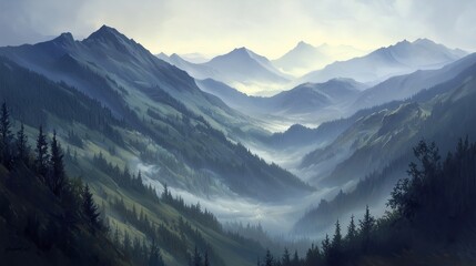 Deep Valley Between Pine-Covered Mountains at Dusk