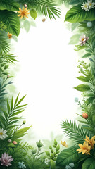 Naklejka premium Elegant tropical greenery frame featuring lush foliage and delicate flowers surrounding a blank white space for text or design
