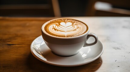 Heart-Shaped Latte Art in White Ceramic Cup on Wooden Table – Cafe Ambience