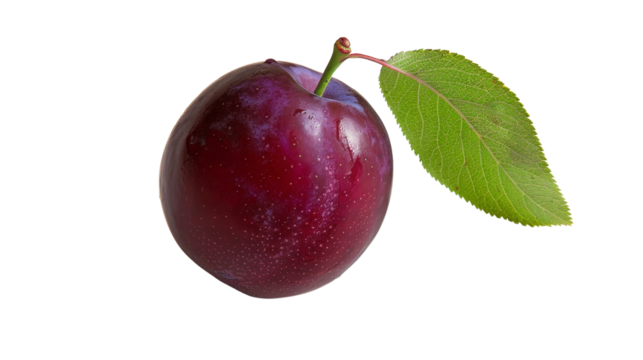 Single Plum with Leaf, Isolated on Transparent Background, Fruit Photography, Red Plum, Fresh Produce, Plum, Fruit, Food