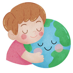 boy hugging world