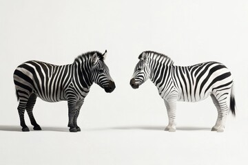 Fototapeta premium Unique zebras standing side by side in a minimalist setting displaying stunning black and white stripes while contrasting each other's features in a creative artwork