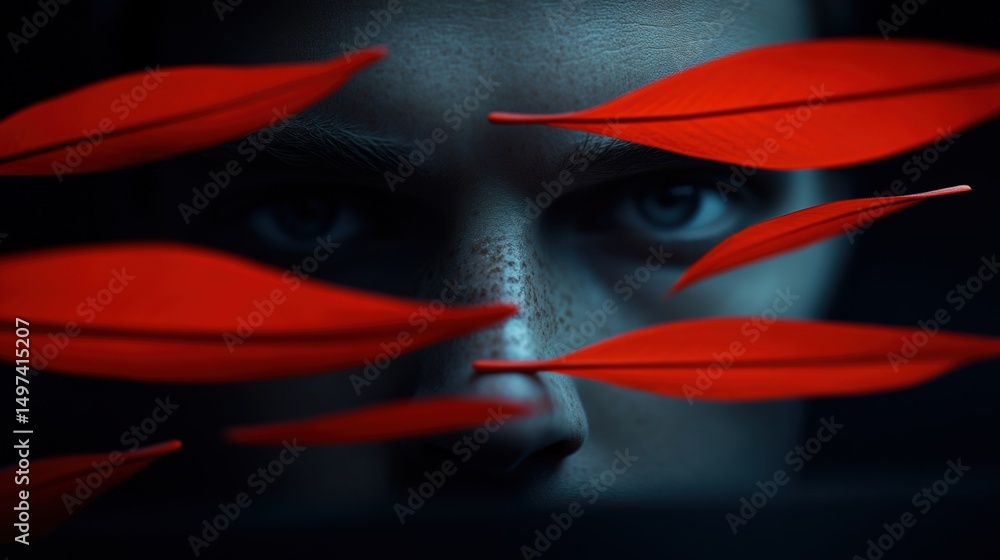 Poster close-up of a person with intricate red leaves in a dark setting during a creative art session