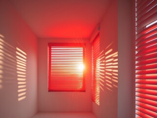 Window Blinds at Sunset Casting Shadows, Red Hue, Interior Architecture, Modern Design.