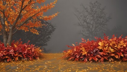 Vibrant red, orange, and yellow leaves in a natural border arrangement , birch, foliage, photography
