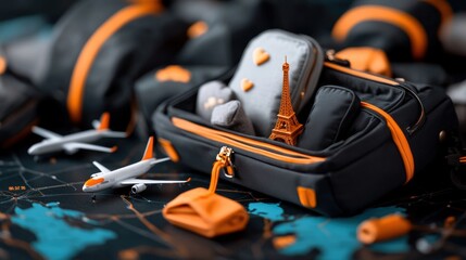 Travel essentials packed in a sleek black and orange bag with miniature Eiffel Tower on display
