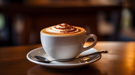Fototapeta premium Close-Up of Cappuccino with Foam Art on Wooden Table in Cafe