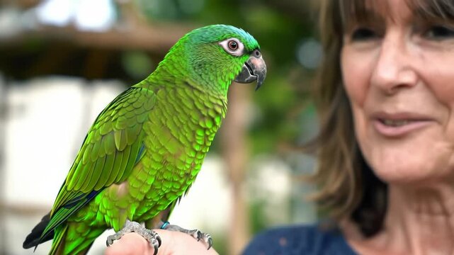 Mature woman with a green parrot perched on her hand smiles