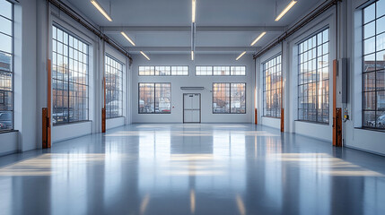 Fototapeta premium Empty modern industrial loft space with large windows, reflecting sunlight on polished floor.