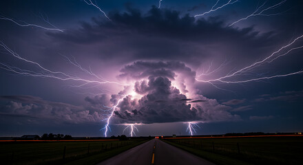 Lightning Storm Over Road with Dramatic Sky and Electrical Discharge