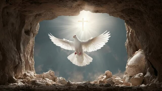 White dove flying from tomb with sunlight and glowing cross symbolizing resurrection and spiritual hope