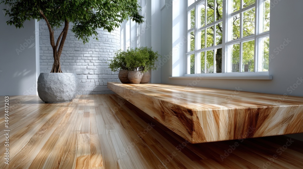 Poster a large wooden table sits in front of a window with a potted plant on it