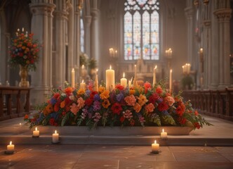 Vibrant floral arrangement adorns church altar, candles glow softly ,  tribute,  candles,  faith