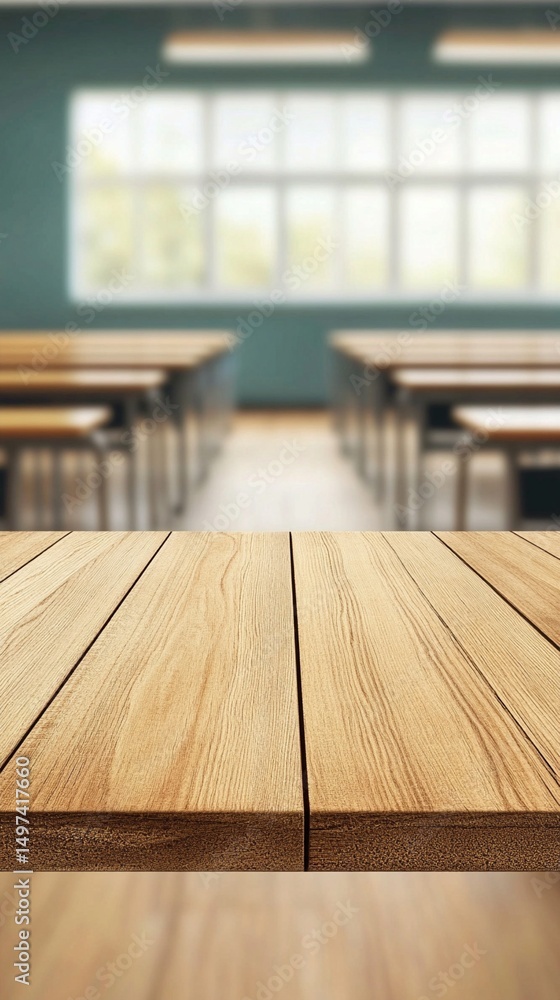 Poster a close-up of a wooden tabletop in a classroom setting, featuring blurred desks and large windows th