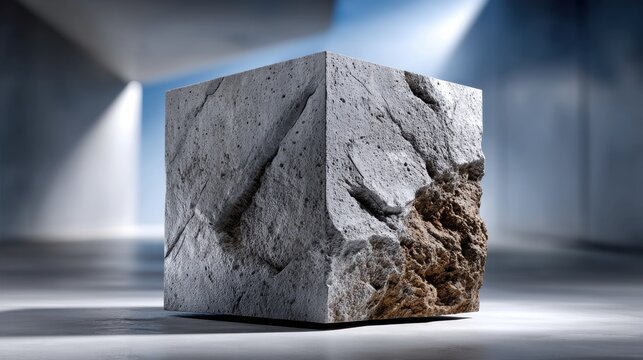 A grey stone cube with a brown surface
