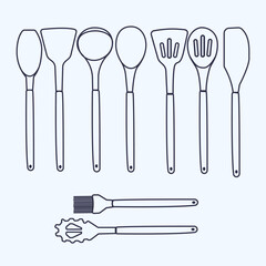 Vector illustration of cooking tools: spoons, spatulas, and kitchen tongs in simple line art style