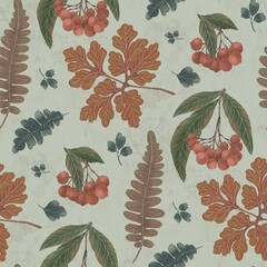 charming botanical repeat pattern, showcasing a variety of leaves in warm, muted colors. Ideal for fabric prints, stationery, home decor, and digital designs craving an organic feel