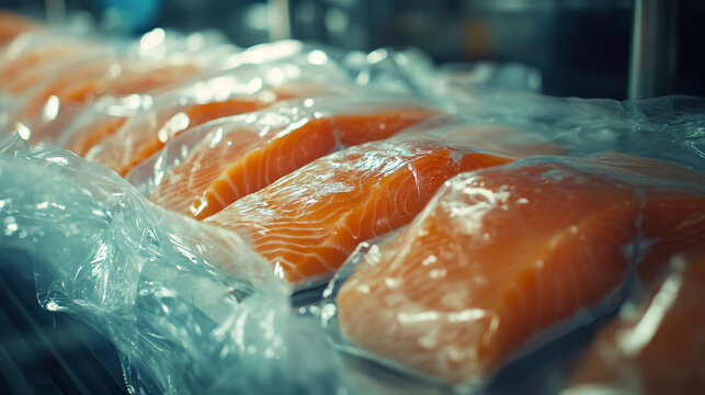 Close-up of a salmon fillet in plastic wrap being packed into transparent bags at a fish factory, a food industry concept.
