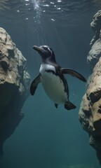Humboldt penguin swimming underwater near rocks,  natural habitat,  diving,  water