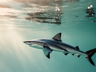 Fototapeta premium Majestic Shark Gliding Underwater, Bathed in Sunlight, Showing the Oceans Serene Beauty.