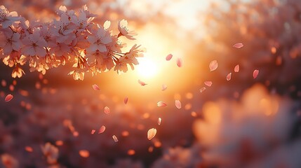 Fototapeta premium Soft focus cherry blossom scene during golden hour petals drifting down in a gentle breeze shallow depth of field with warm pastel colored bokeh captured with an 85mm f14 lens no humans no text