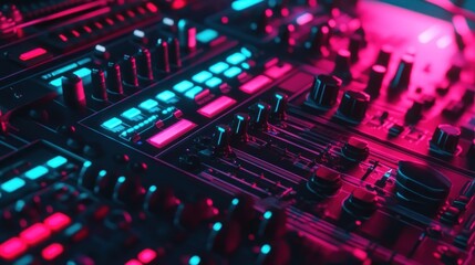Close-up of a futuristic DJ mixer.  Detailed control panel with vibrant neon lighting